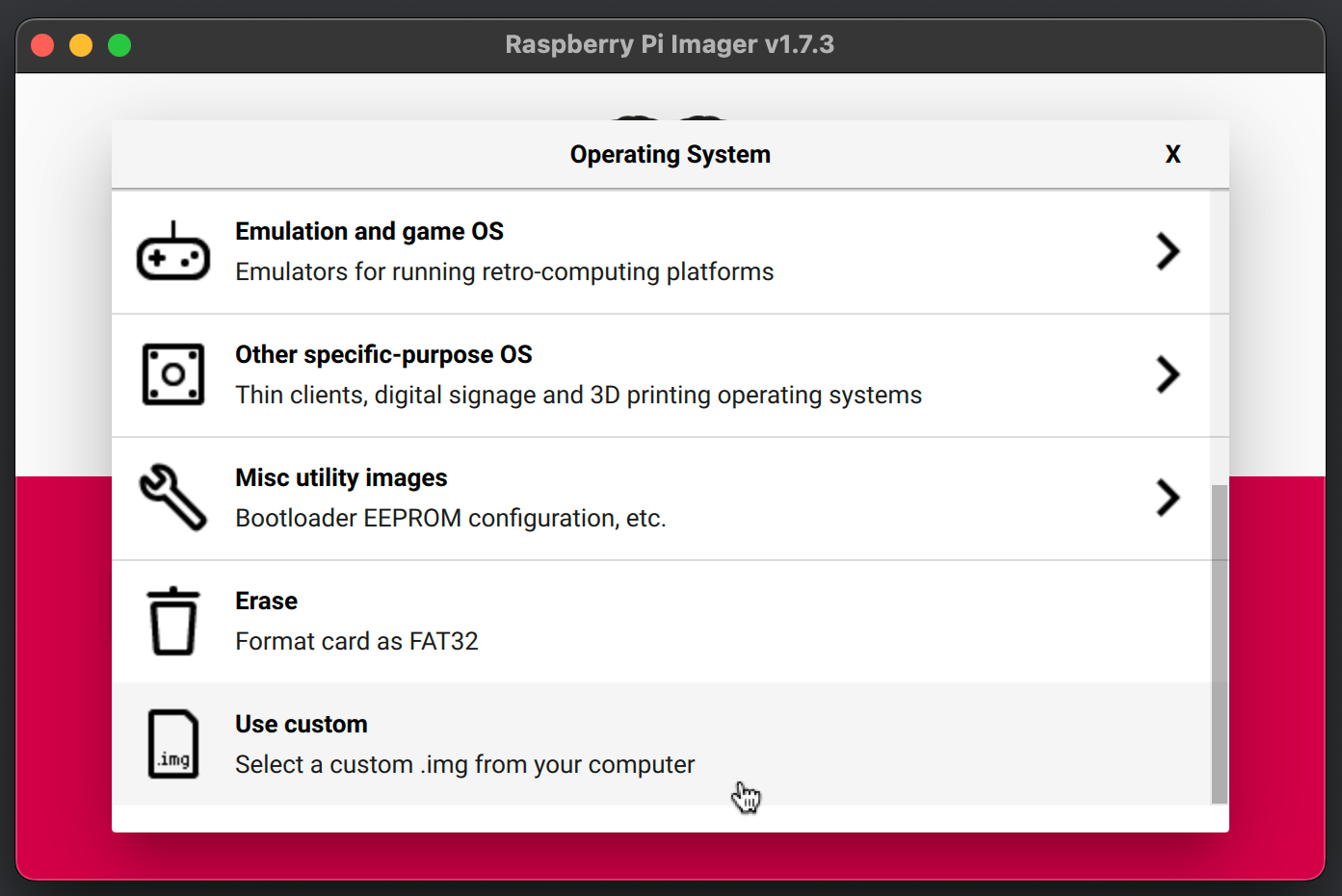 select the use custom .img file in raspberry pi imager