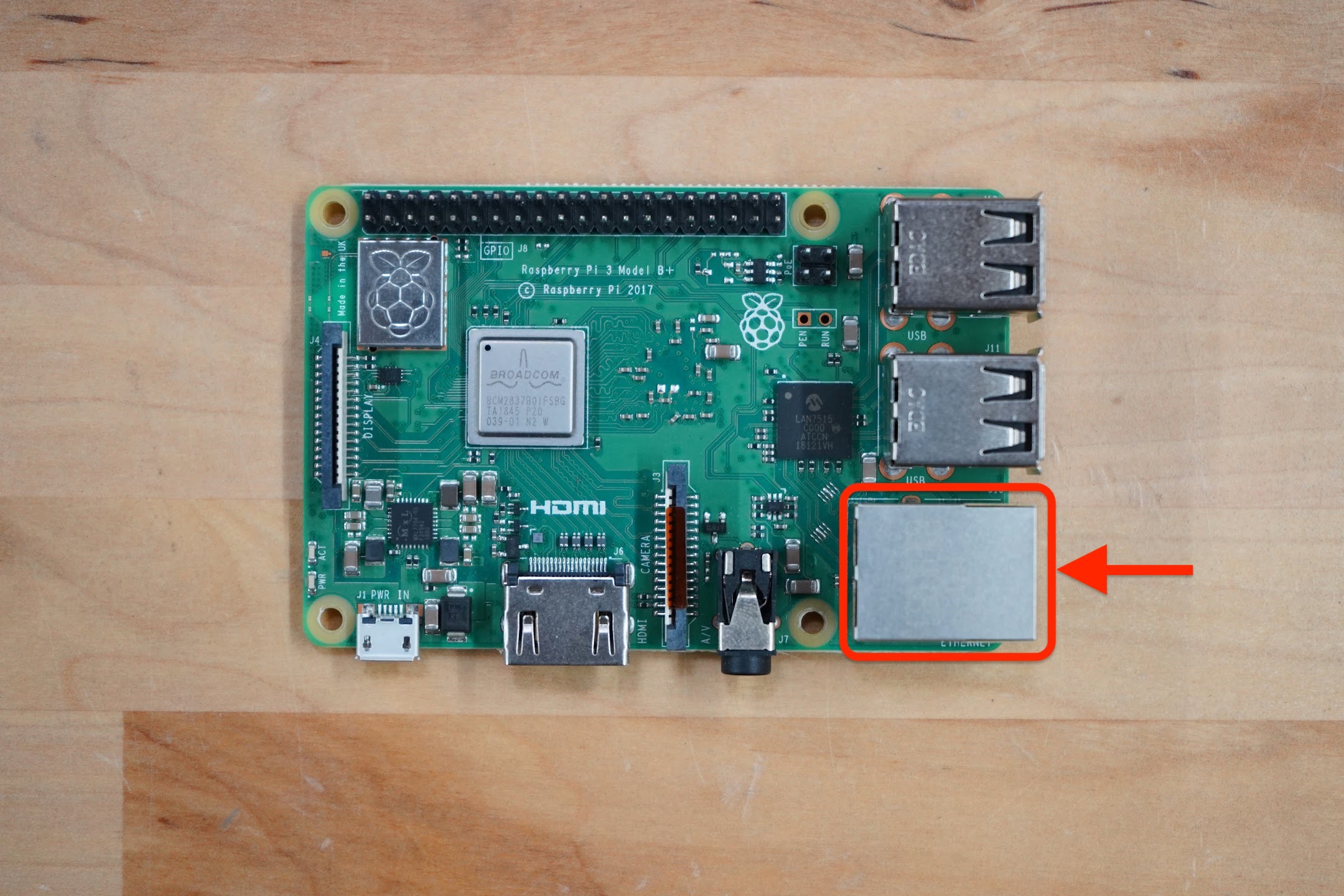 pi 3B+ with ethernet port labeled